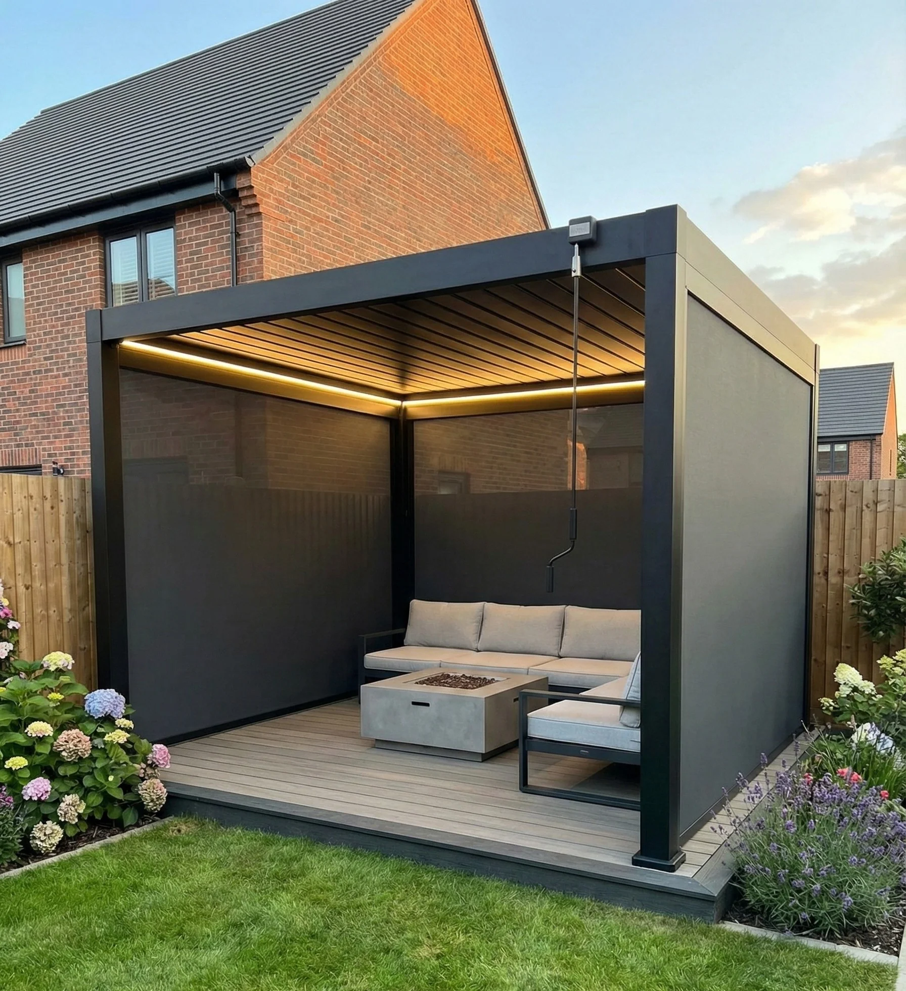 A modern black louvred pergola with warm lighting over a garden seating area